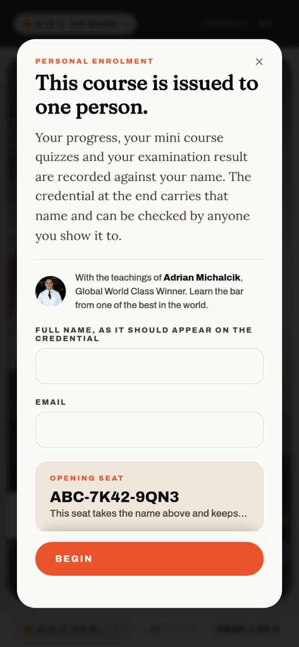 The enrolment card: this course is issued to one person