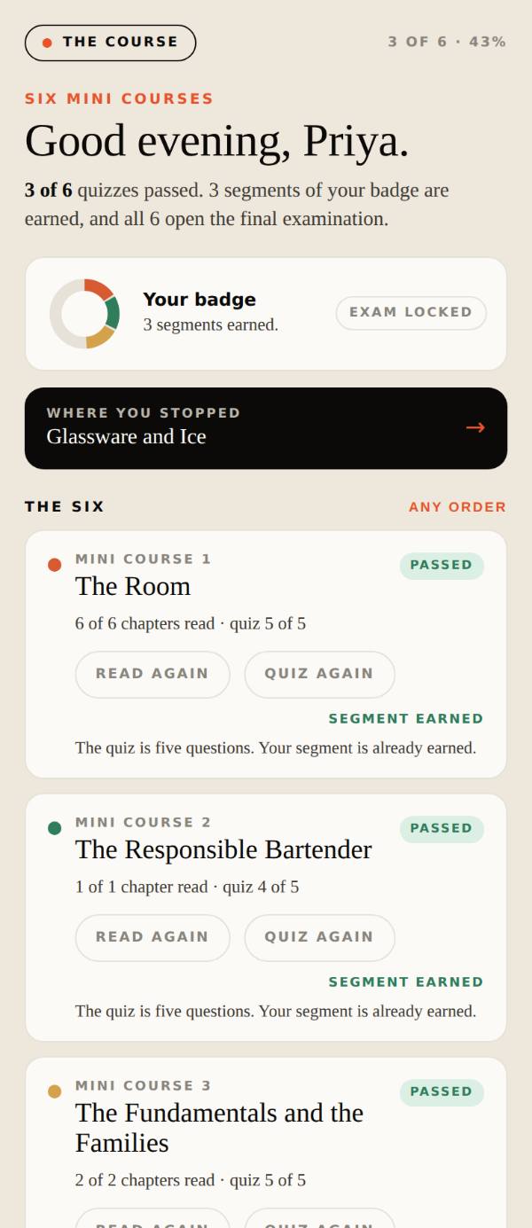The course home: a part-filled badge, where you stopped, and the six mini courses