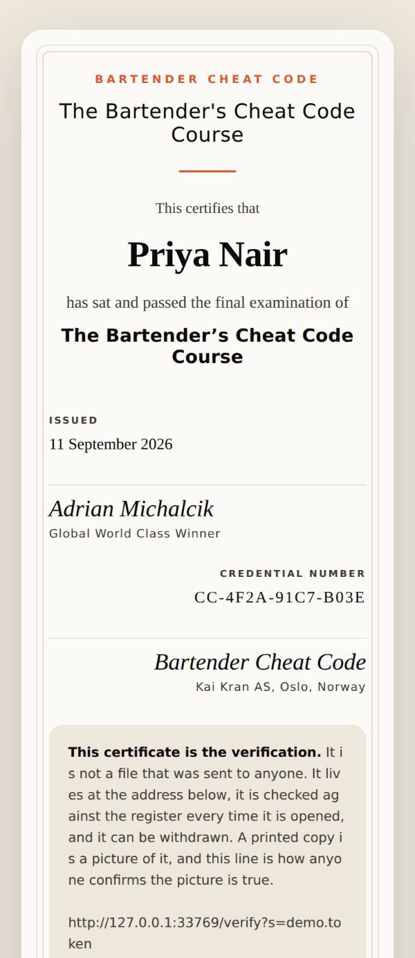 The credential page: name, date, credential number and the verification address