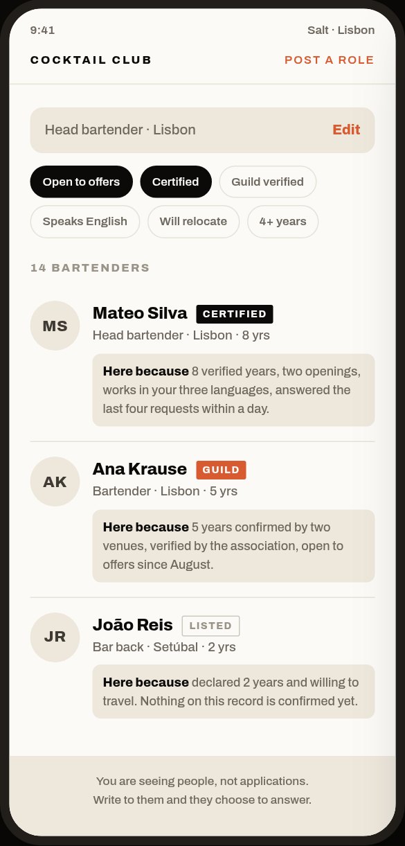 A venue searching for staff by city, availability and what a bartender can do