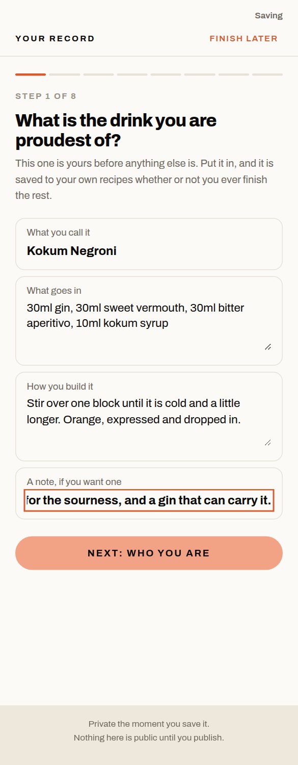 Step one of the record: what is the drink you are proudest of, with fields for its name, what goes in and how it is built