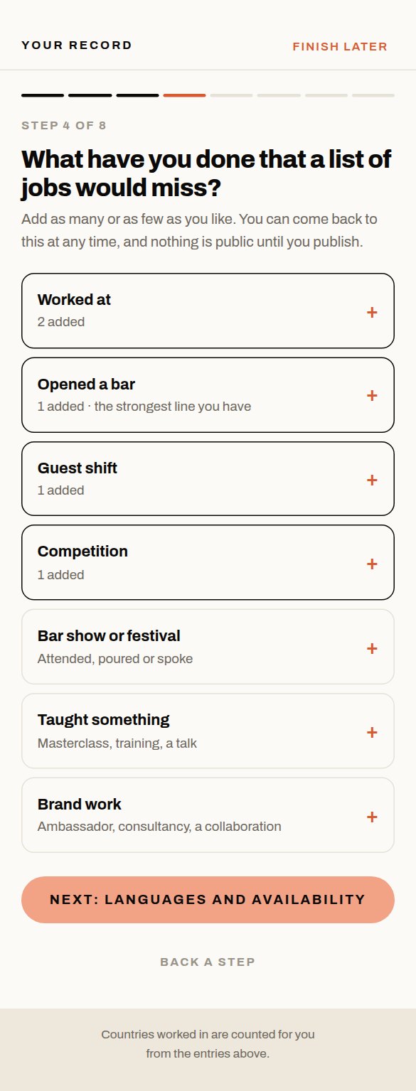 Step four of the record: worked at, opened a bar, guest shift, competition, bar show, taught something, brand work