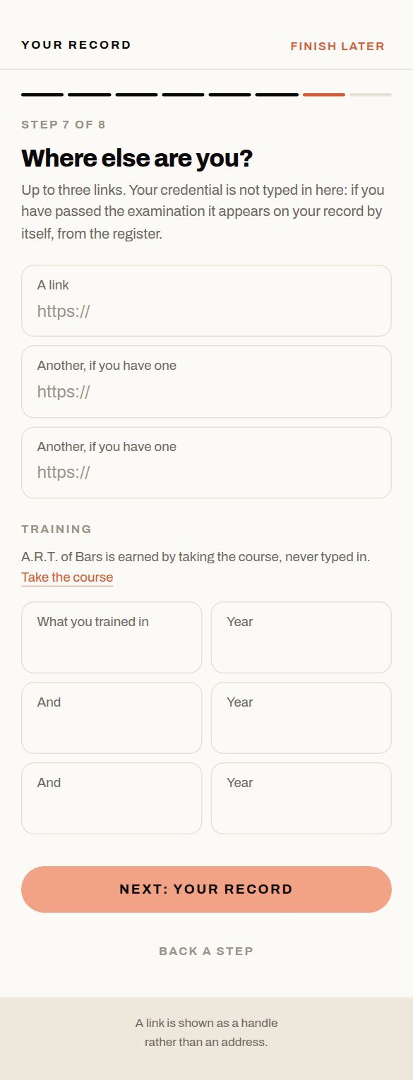 Step seven: the training section says A.R.T. of Bars is earned by taking the course, never typed in, with a link to the course and no box to claim it