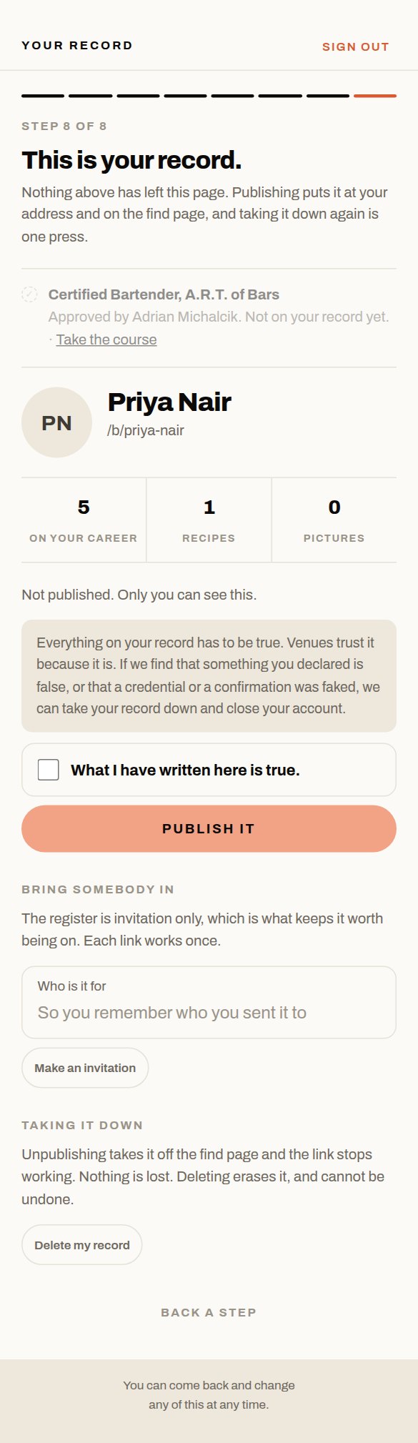 Step eight: the faded A.R.T. of Bars line, the truthfulness sentence, the tick box and the publish button