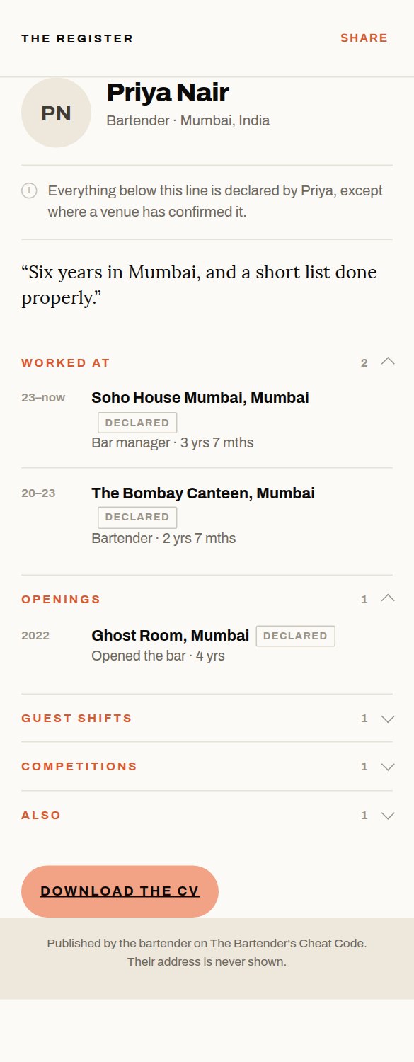 Priya's published record: her name, the declared line, her career, and a button to download the CV