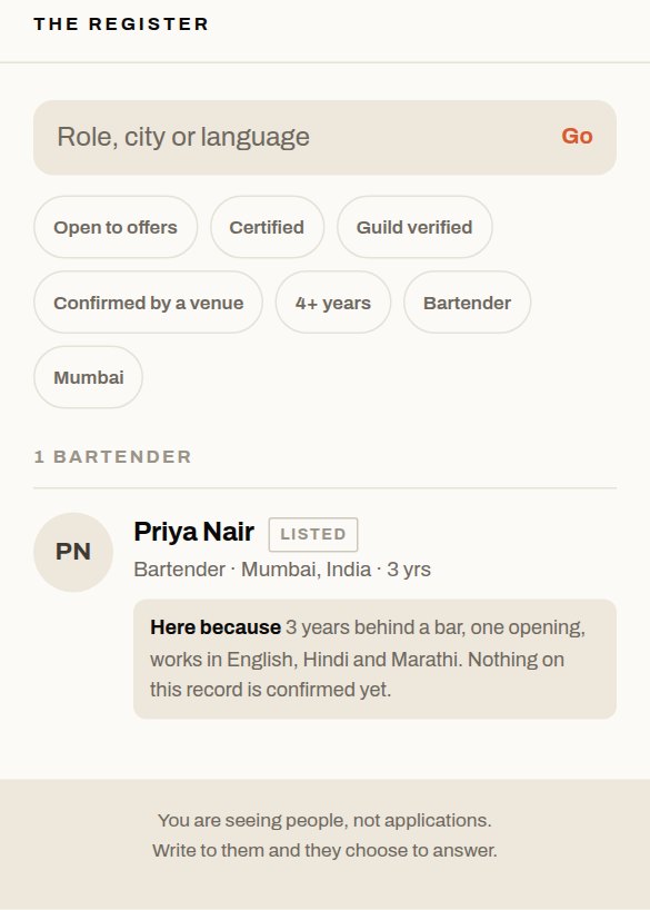 The venue search: filters for open to offers, certified, city and years, and one result saying why the bartender is there